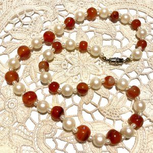 Classic Red Bead + Faux Pearl Vintage Necklace